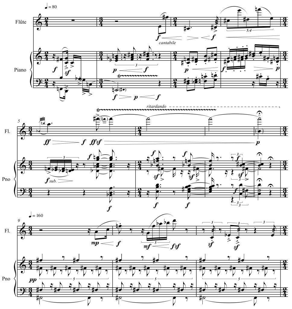 Ex. 1 : Luis de Pablo, 1er mouvement des Quatro fragmentos de « Kiu », Milan, Zerboni, S. 9591 Z., 1985, p. 1.