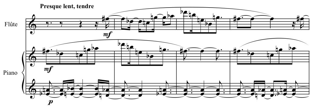 Ex. 3 : Olivier Messiaen, Le merle noir, 2e passage « presque lent… », Paris, Leduc, A.L. 21.053, 1952, p. 4.