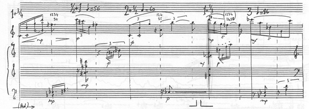 Ex. 7 : Tristan Murail, Le fou à pattes bleues, Paris, Salabert, EAS 18923, 1990, p. 3.
